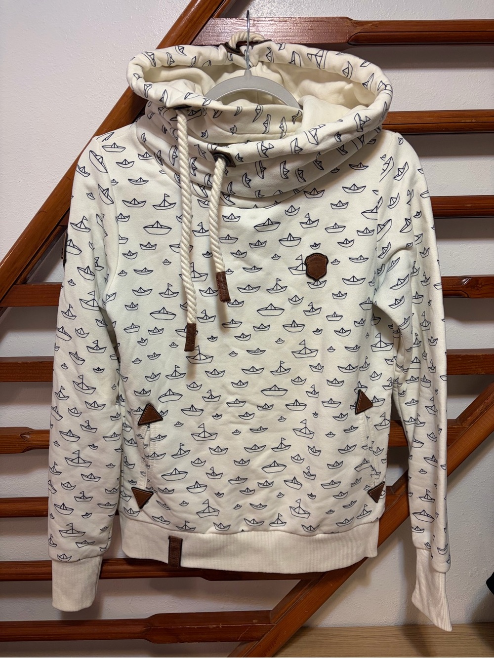 Naketano Cream Hoodie with Navy Paper Boat Print